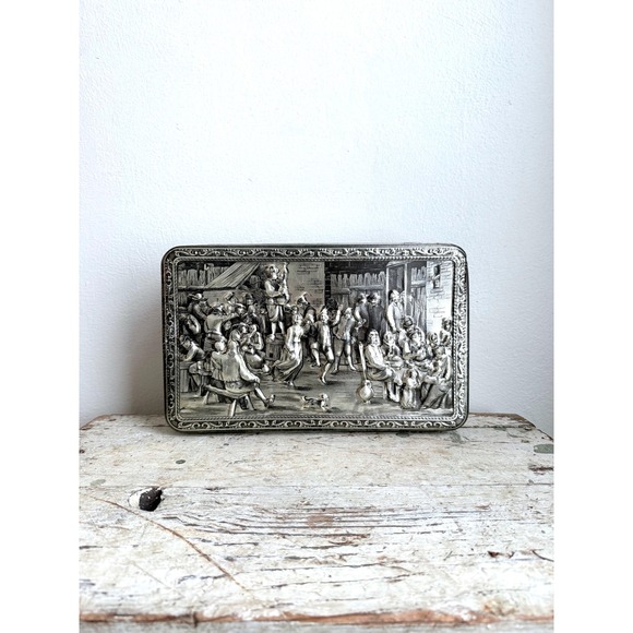 Vintage Teniers 3D Embossed Belgium Tin – 1950s Silvertone Hinged Cookie Box - Picture 2 of 9